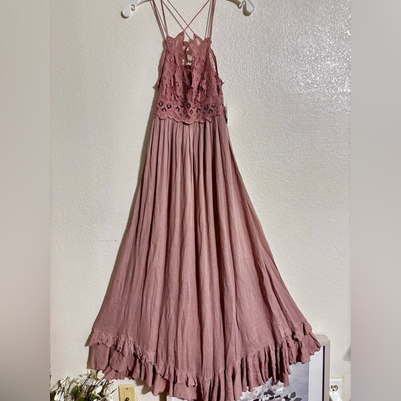 Free People Adella Maxi Floral Lace V-neck Strap Back Dress Pink Size S - Picture 2 of 7